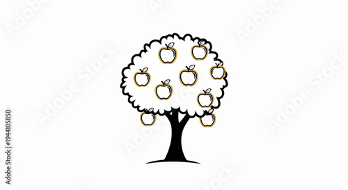 A stylized drawing of a tree laden with many apples