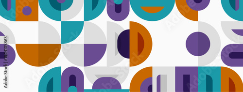 Geometric pattern features overlapping semicircles, circles, vibrant colors. Modern design creates playful, retro aesthetic.