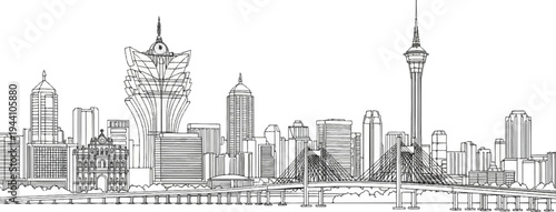 A striking black and white sketch of a city skyline featuring iconic structures and bridges