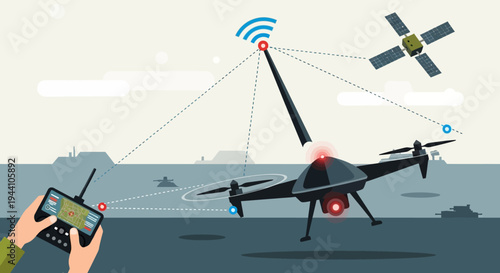 Operator hands control a dark quadcopter drone via a remote device while communicating with a satellite overhead.