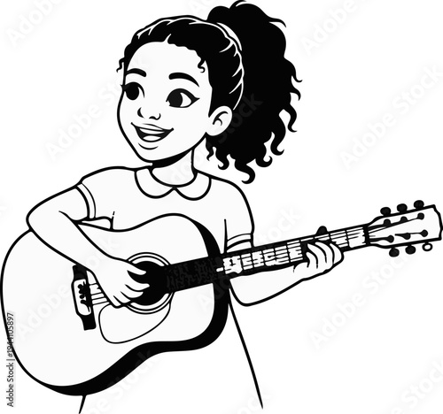 A stylized drawing of a young person playing an acoustic guitar with enthusiasm