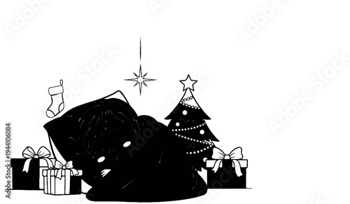 A solitary figure rests near a decorated tree with presents and a stocking