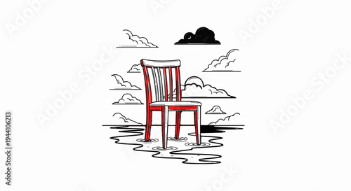 A solitary red chair stands in puddles amidst stylized clouds in a surreal scene