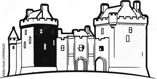 A simplified black and white illustration of a large stone castle with multiple towers and arched entrances