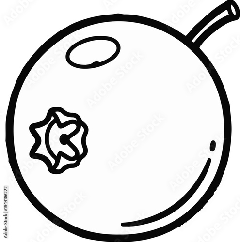 A simplified black and white illustration of a single blueberry with a stem