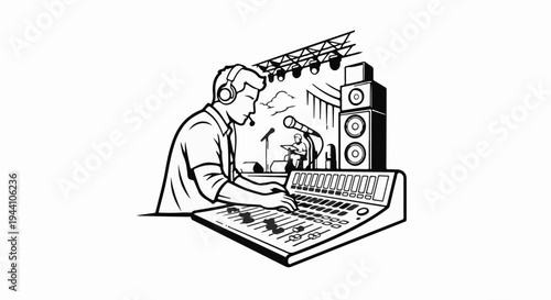 A sound engineer operates a mixing board on stage with speakers and musicians in background