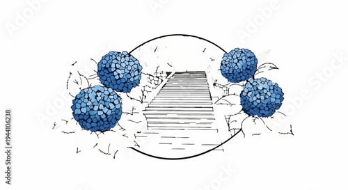 A stone stairway ascends through foliage surrounded by blue hydrangeas