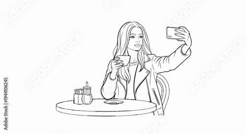 A stylish person enjoys a beverage and takes a selfie at a cafe