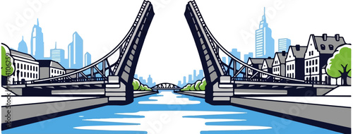 A split drawbridge spans a blue canal with a city skyline in the background