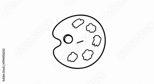 A simplified black outline drawing of an artist's palette with paint blobs