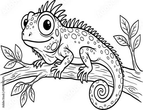 Chameleon and lizard cartoon illustration on branch cute green reptile character