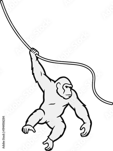 A stylized ape swings from a vine with a relaxed expression