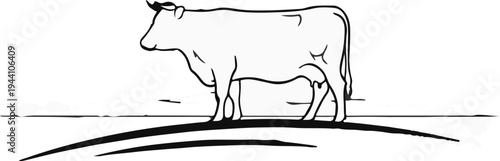 A simplistic line drawing of a cow on a field with a decorative flourish
