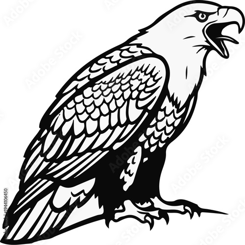 A stylized black and white depiction of an eagle in profile, its beak open