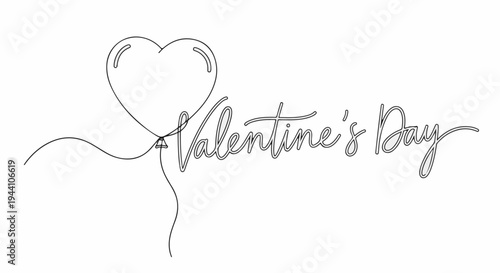 A single-line drawing of a heart-shaped balloon with the words "Valentine's Day