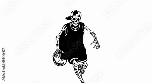 A skeleton in a basketball uniform dribbles a ball and wears a backwards cap