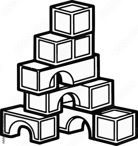 A stacked structure made of building blocks, some with arched cutouts