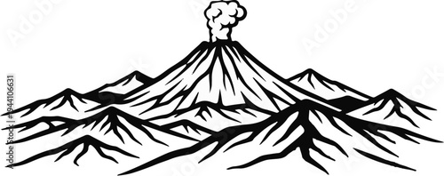 A stylized black and white drawing of a smoking volcano surrounded by mountains