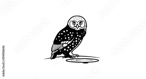 A spotted owl illustration in black and white ink on a white background