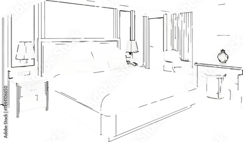 A sketch of a bedroom with a large bed, bedside tables, lamps, and a desk