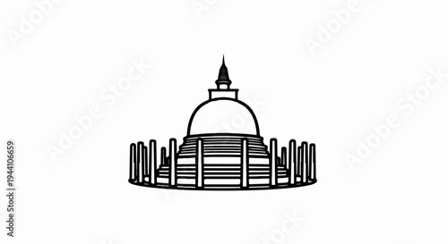 A stylized black and white drawing of a stupa with pillars