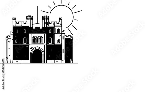 A stark black and white drawing of a castle bathed in stylized sunlight