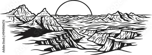 A stark black and white drawing of a grand canyon with a sun arching over it