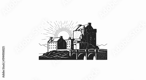 A stylized black and white illustration of a castle on a rocky hill with a sunburst