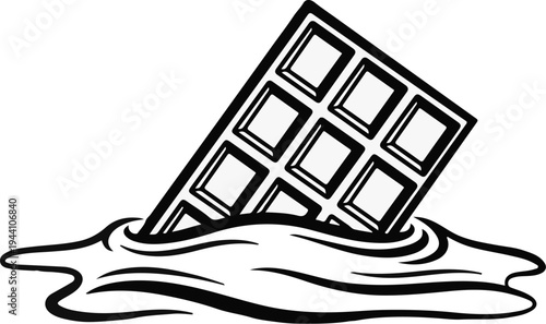 A stylized black and white illustration of a chocolate bar partially submerged in melted chocolate