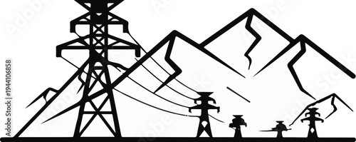 A stark black and white silhouette of power lines stretching across jagged mountain peaks