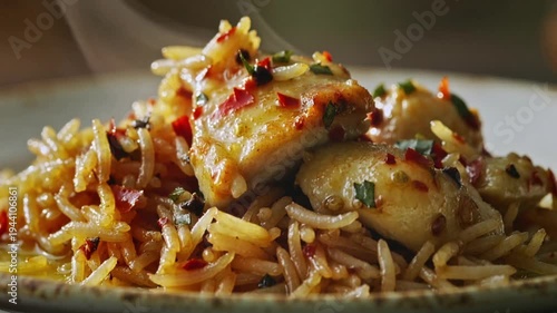 Delicious garlic butter shrimp pasta with spices close up shot
