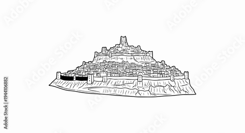A stark black and white sketch depicts a historic fortified town built on a steep hill