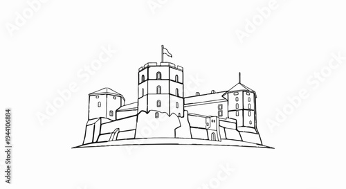 A stark, black and white line drawing depicts an imposing medieval castle with multiple towers and a flag