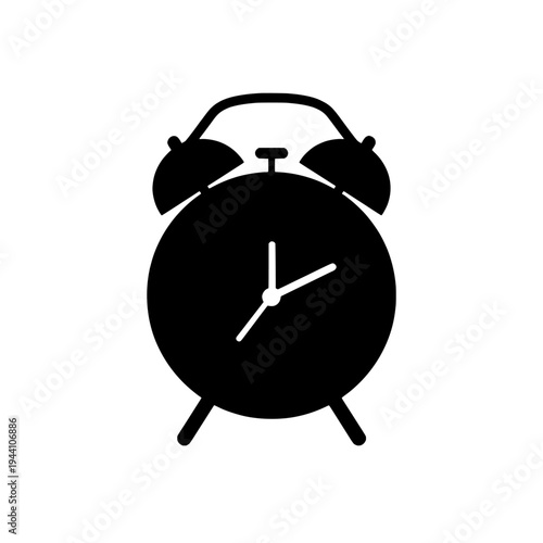 Alarm clock silhouette icon logo design. Classic bedside timepiece sign and symbol. Alarm clock icon isolated on white. Morning wake up reminder.