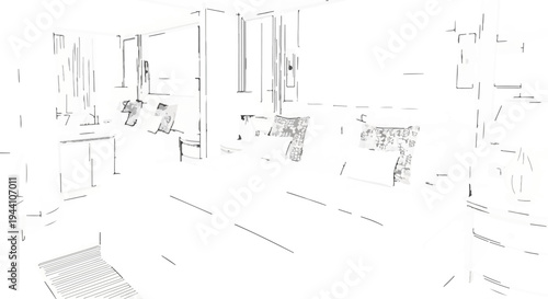 A sketch of a sparsely furnished, modern living room with a sofa and table