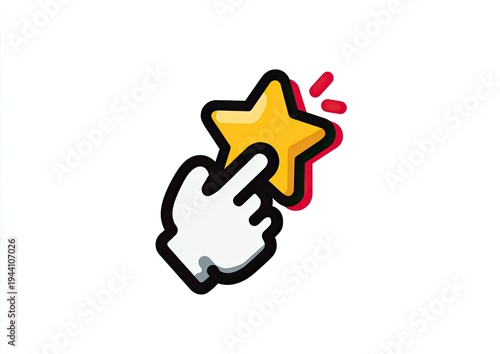 Cartoon hand giving a golden star, with red accents and white background