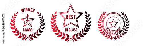 Collection of three award badges with stars, laurels and text related to winning and excellence on a white background