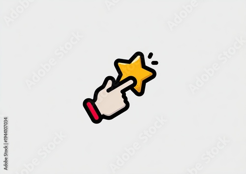 A hand, outlined, points at a yellow star with a white background, suggesting a rating