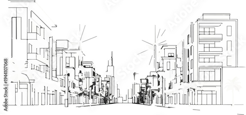 A sketch of a street lined with buildings and palm trees