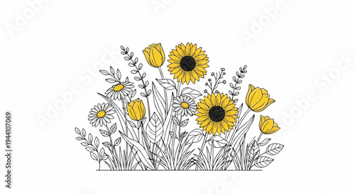 A sketch of yellow tulips and sunflowers with delicate leaves and stems