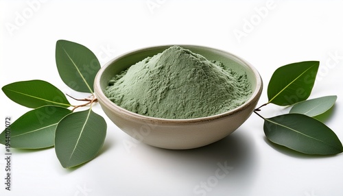 ceramic bowl with green clay powder and fresh eucalyptus leaves on white background concept of face and body care