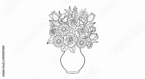 A sketched bouquet of roses, daisies, and tulips sits in a simple vase