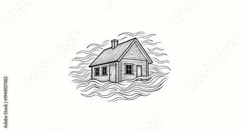 A sketch of a wooden house surrounded by wavy lines suggesting water
