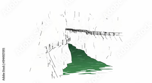 A sketch of a wooden boardwalk bordering a vivid green body of water