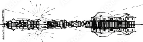 A sketch of houses on stilts over water, with sunbursts above and reflections below