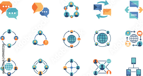Global Communication and Networking Icons Vector Set Featuring Chat Messages, Data Exchange, Social Network, Team Collaboration and Worldwide Connectivity Symbols.