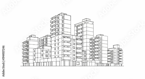 A sketch of numerous apartment buildings with balconies and windows