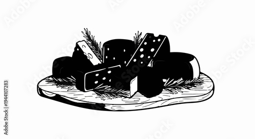 A sketch of various cheese pieces on a wooden board with herbs