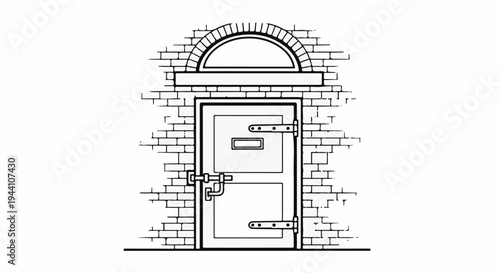 A vintage, arched-top door with hardware, set within a brick wall