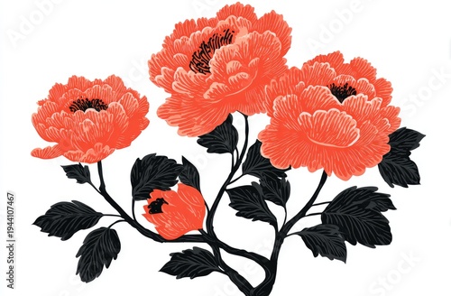 Digital illustration of coral-colored peonies with dark grey stems and foliage on white